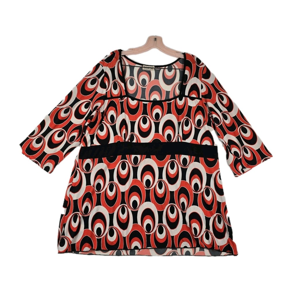 MKM Designs Women Red Black White Geometric Mod Circle Print Square Neck Tunic